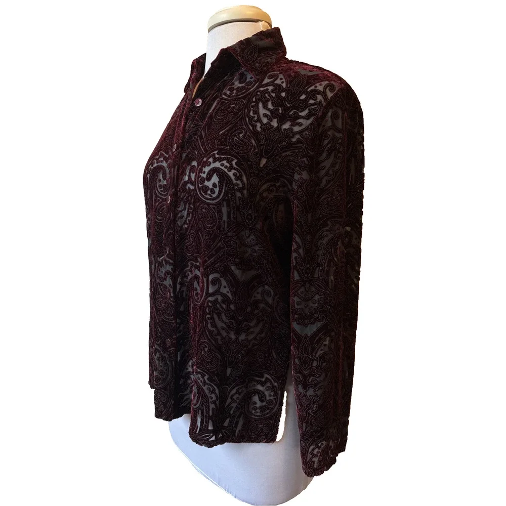 French Laundry Women’s S Whimsigoth Silk Red Velvet Burnout Button‎ Down Shirt